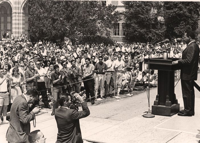 Dr. Martin Luther King Jr. speaking from Janss Steps.